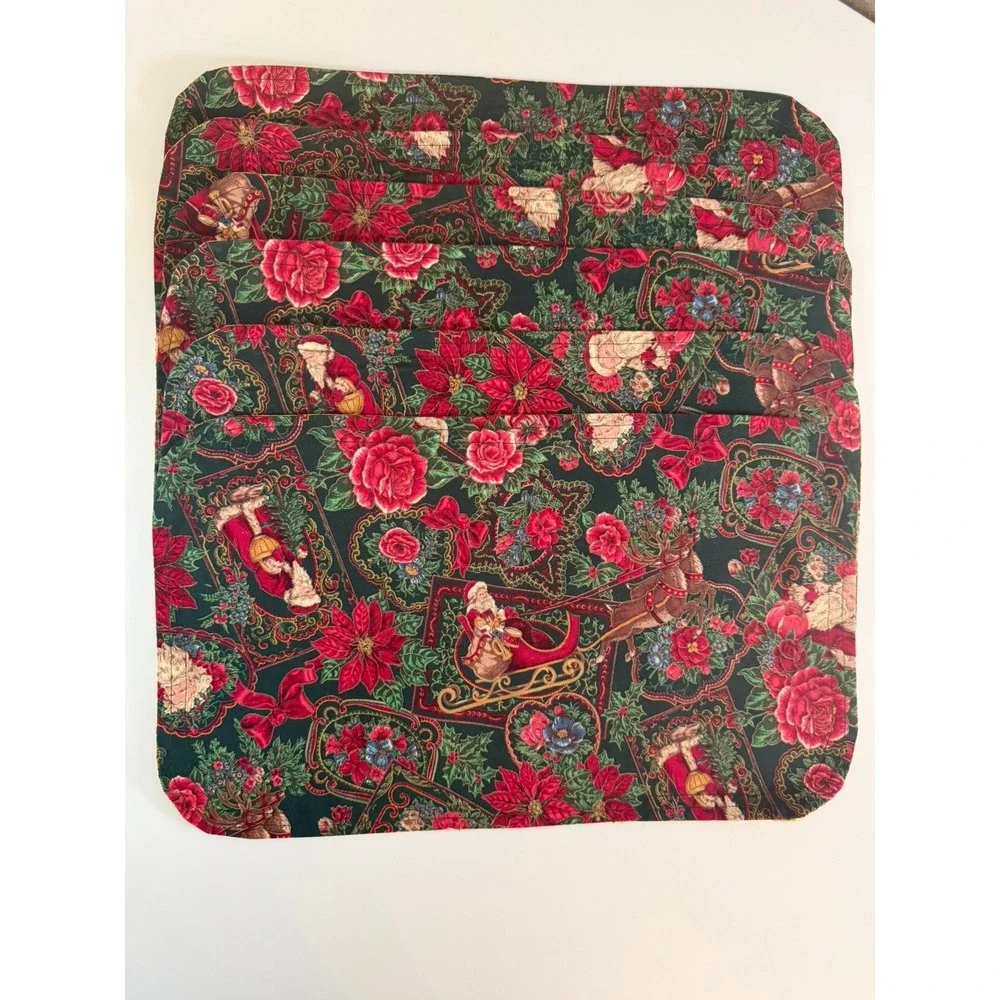 VTG Handmade Christmas Santa Reversible Fabric Placemats Set 6 Cotton Floral